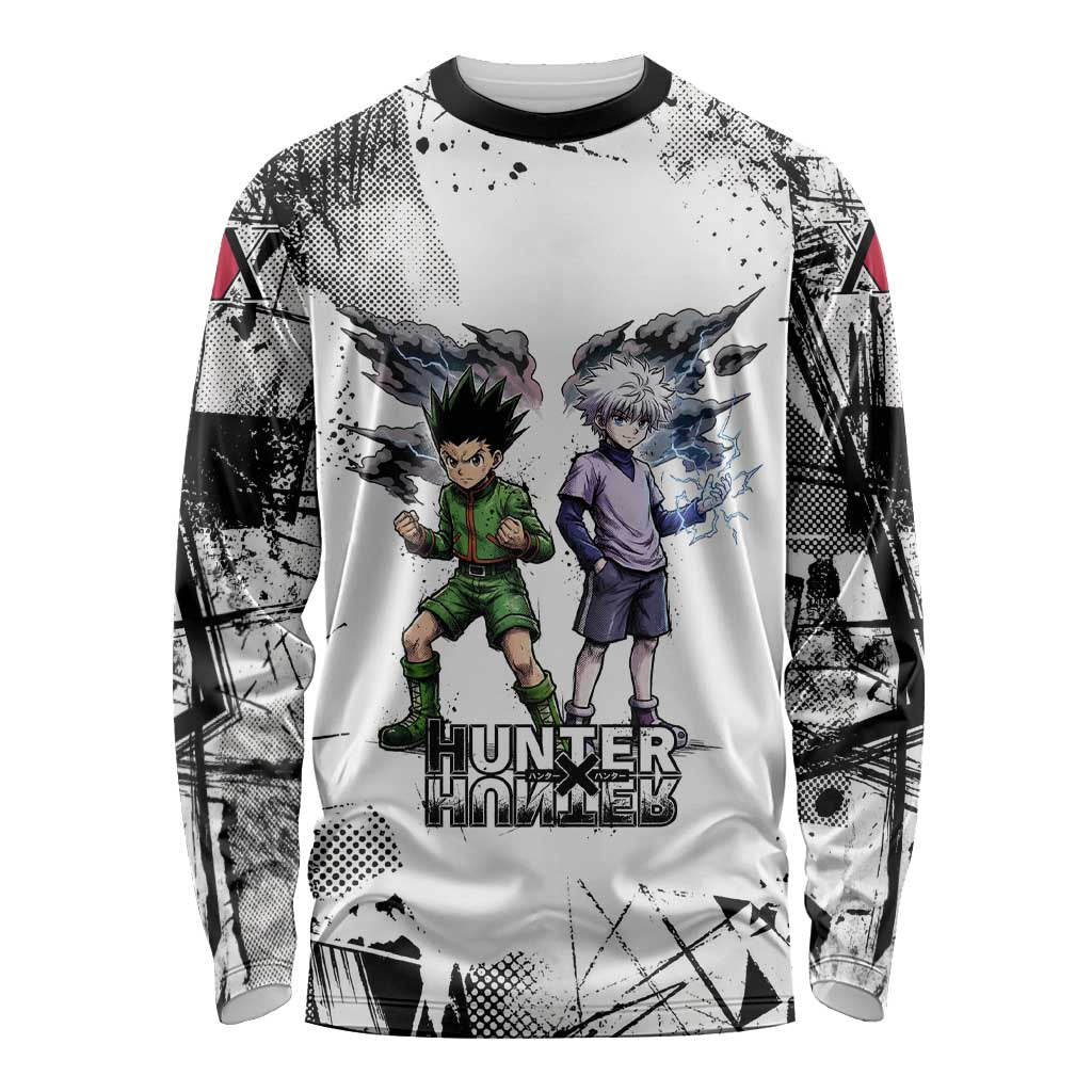 Main Characters Monochrome Graffiti Style Long Sleeve Shirt with Gon Killua Kurapika and Leorio Team Design - The Mazicc