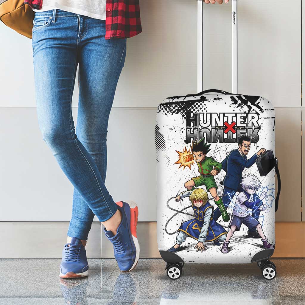 Main Characters Monochrome Graffiti Style Luggage Cover with Gon Killua Kurapika and Leorio Team Design - The Mazicc