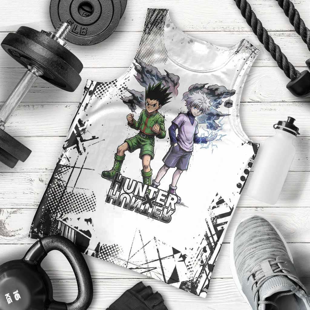 Main Characters Monochrome Graffiti Style Men Tank Top with Gon Killua Kurapika and Leorio Team Design - The Mazicc