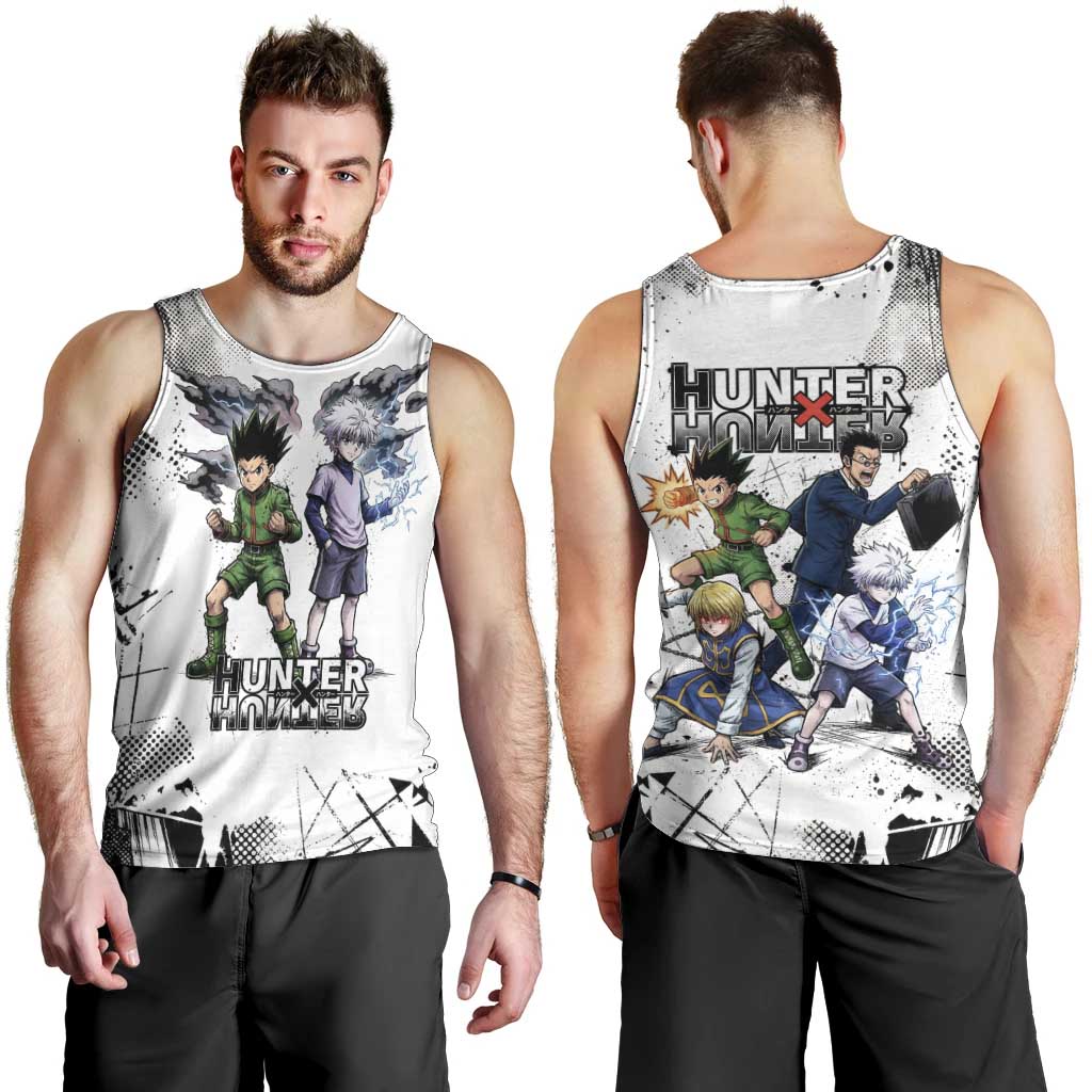 Main Characters Monochrome Graffiti Style Men Tank Top with Gon Killua Kurapika and Leorio Team Design - The Mazicc