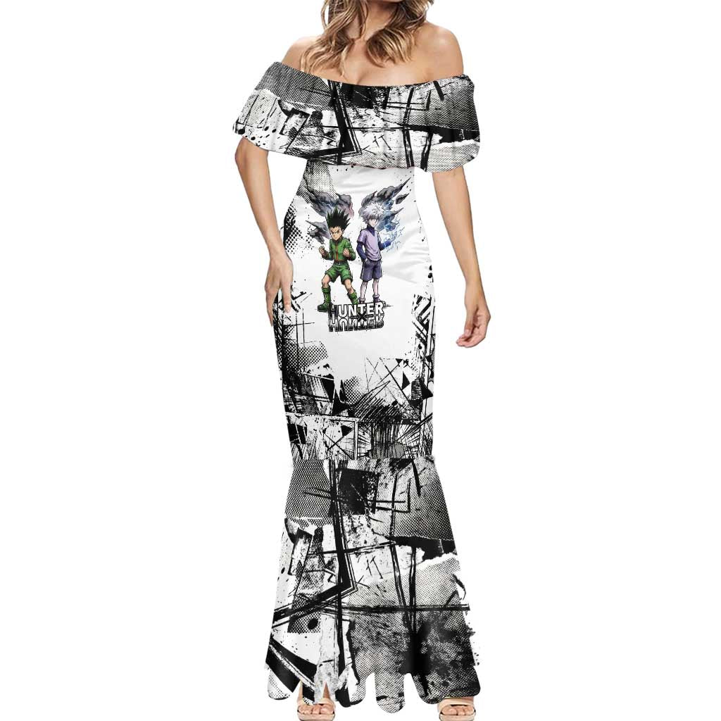 Main Characters Monochrome Graffiti Style Mermaid Dress with Gon Killua Kurapika and Leorio Team Design - The Mazicc