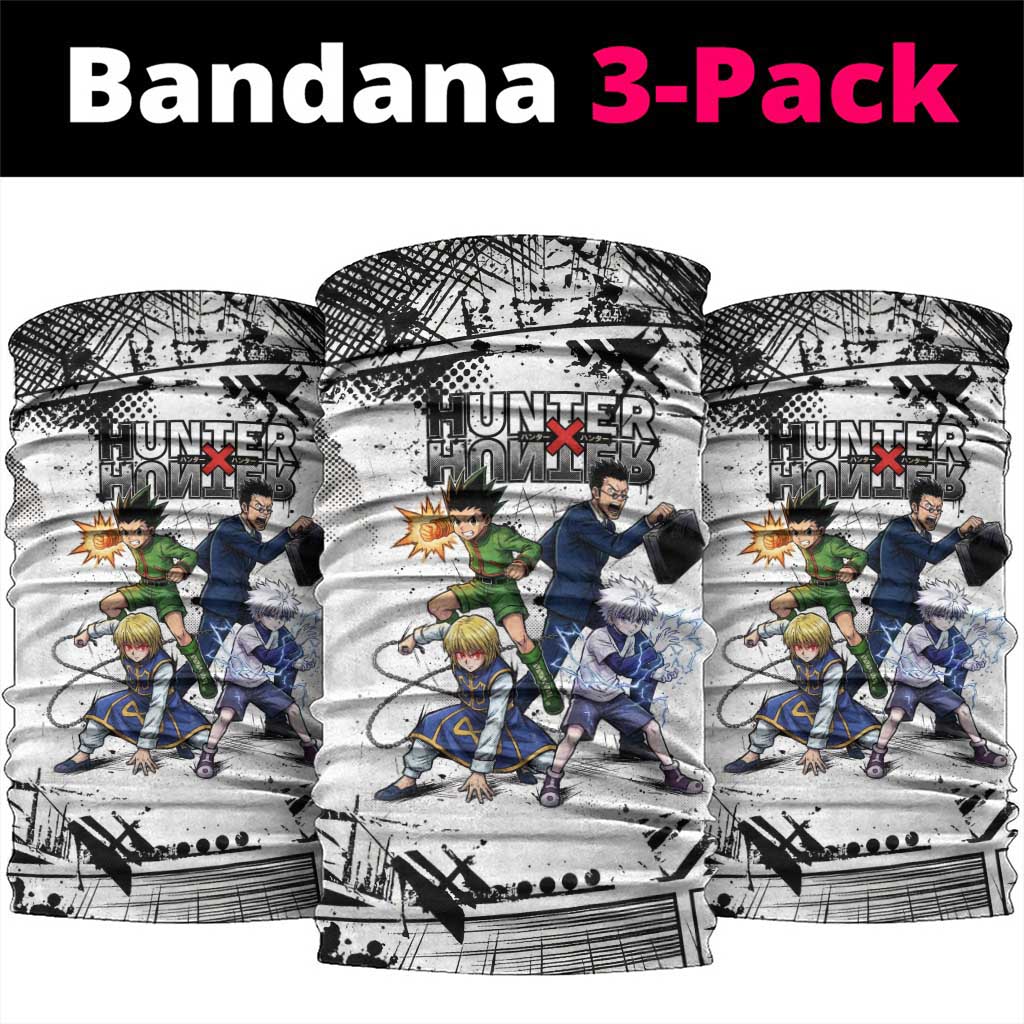 Main Characters Monochrome Graffiti Style Neck Gaiter with Gon Killua Kurapika and Leorio Team Design - The Mazicc