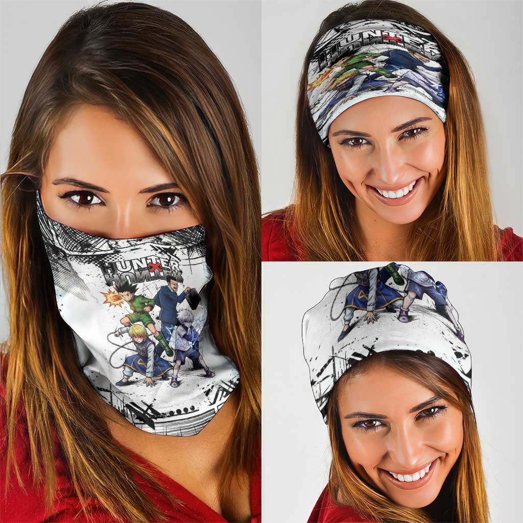 Main Characters Monochrome Graffiti Style Neck Gaiter with Gon Killua Kurapika and Leorio Team Design - The Mazicc