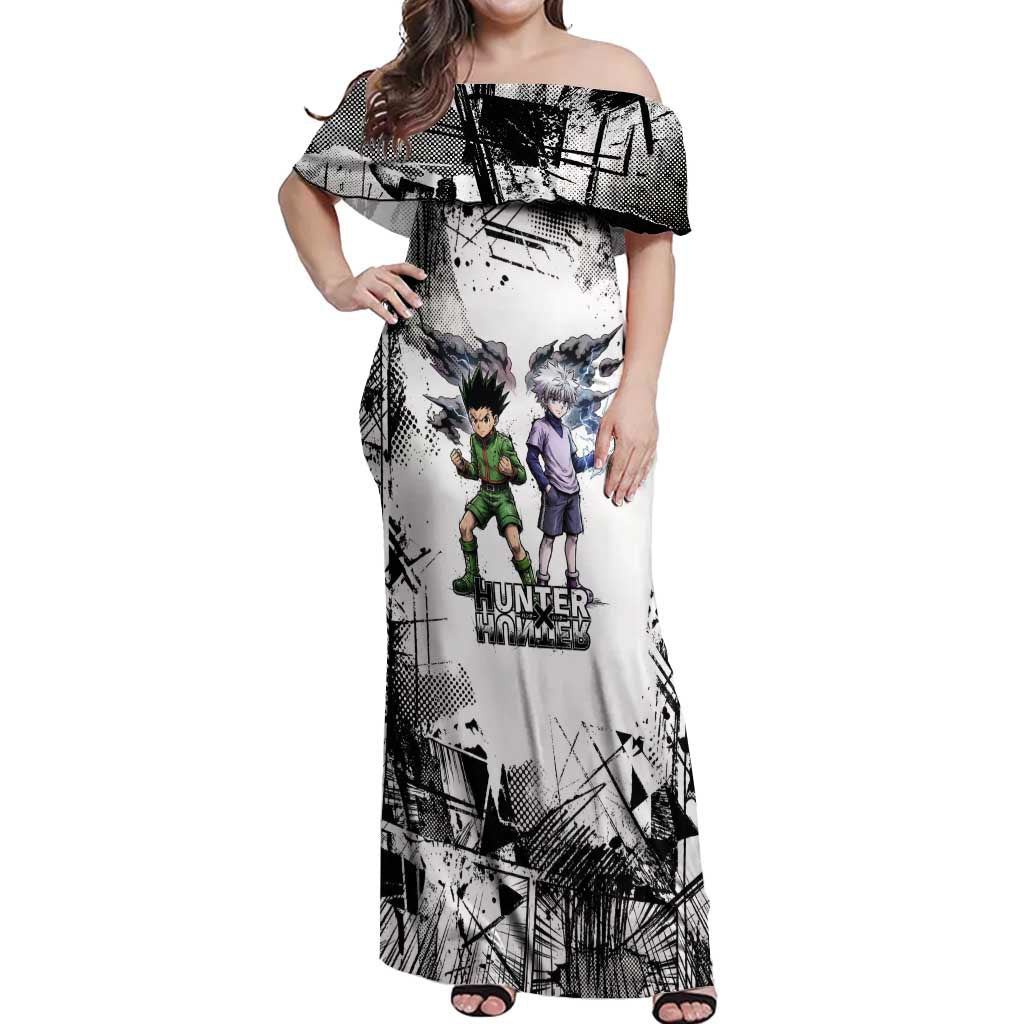 Main Characters Monochrome Graffiti Style Off Shoulder Maxi Dress with Gon Killua Kurapika and Leorio Team Design - The Mazicc