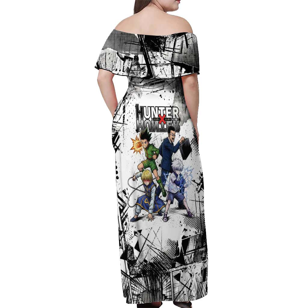 Main Characters Monochrome Graffiti Style Off Shoulder Maxi Dress with Gon Killua Kurapika and Leorio Team Design - The Mazicc