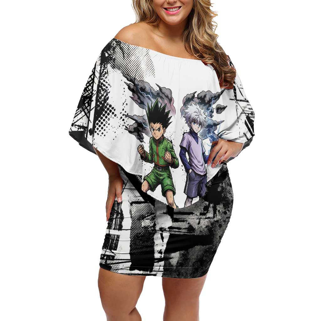 Main Characters Monochrome Graffiti Style Off Shoulder Short Dress with Gon Killua Kurapika and Leorio Team Design - The Mazicc