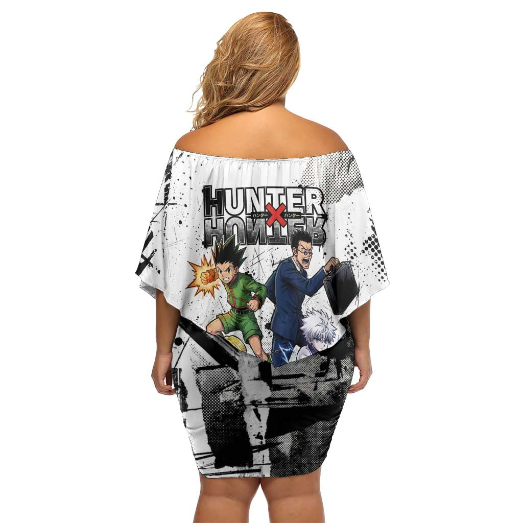 Main Characters Monochrome Graffiti Style Off Shoulder Short Dress with Gon Killua Kurapika and Leorio Team Design - The Mazicc