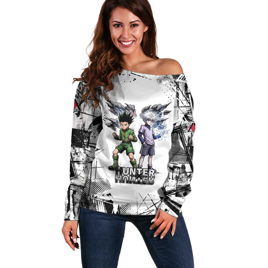 Main Characters Monochrome Graffiti Style Off Shoulder Sweater with Gon Killua Kurapika and Leorio Team Design - The Mazicc