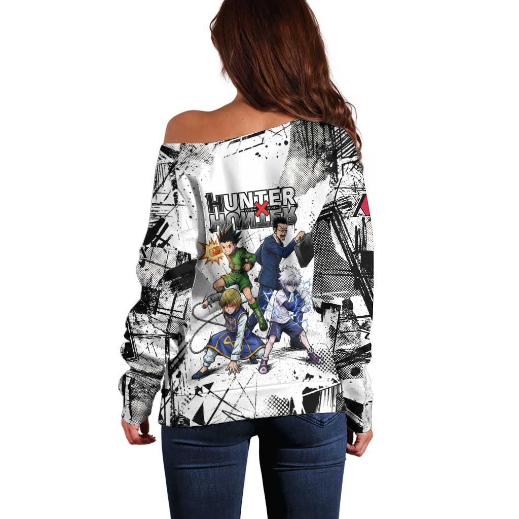Main Characters Monochrome Graffiti Style Off Shoulder Sweater with Gon Killua Kurapika and Leorio Team Design - The Mazicc