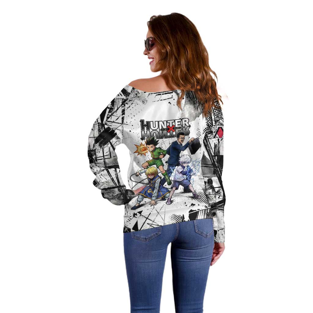Main Characters Monochrome Graffiti Style Off Shoulder Sweater with Gon Killua Kurapika and Leorio Team Design - The Mazicc