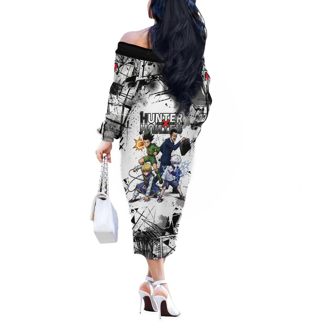 Main Characters Monochrome Graffiti Style Off The Shoulder Long Sleeve Dress with Gon Killua Kurapika and Leorio Team Design - The Mazicc