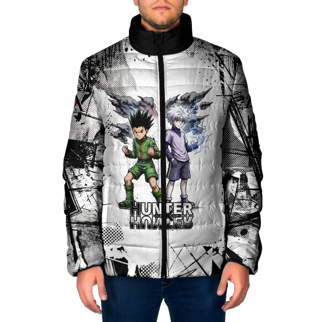 Main Characters Monochrome Graffiti Style Padded Jacket with Gon Killua Kurapika and Leorio Team Design - The Mazicc