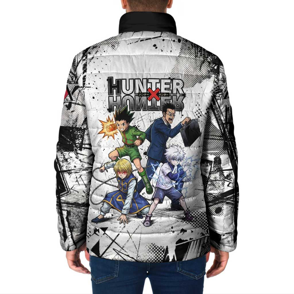 Main Characters Monochrome Graffiti Style Padded Jacket with Gon Killua Kurapika and Leorio Team Design - The Mazicc