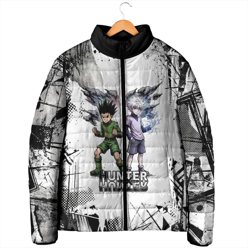 Main Characters Monochrome Graffiti Style Padded Jacket with Gon Killua Kurapika and Leorio Team Design - The Mazicc