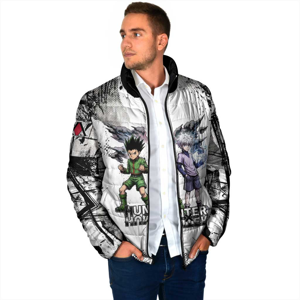 Main Characters Monochrome Graffiti Style Padded Jacket with Gon Killua Kurapika and Leorio Team Design - The Mazicc