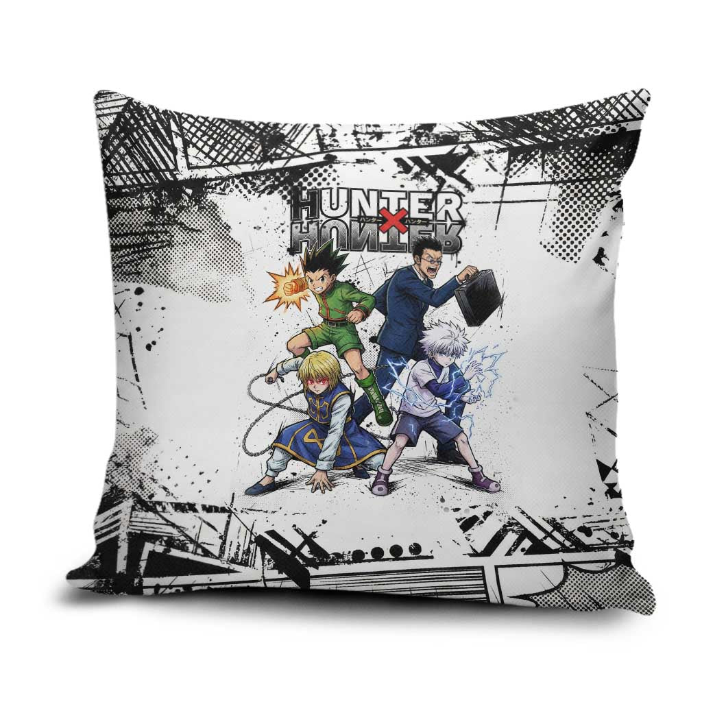 Main Characters Monochrome Graffiti Style Pillow Cover with Gon Killua Kurapika and Leorio Team Design - The Mazicc