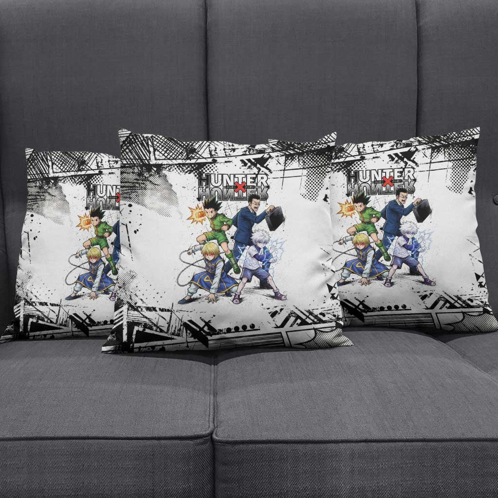 Main Characters Monochrome Graffiti Style Pillow Cover with Gon Killua Kurapika and Leorio Team Design - The Mazicc