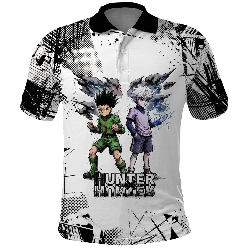 Main Characters Monochrome Graffiti Style Polo Shirt with Gon Killua Kurapika and Leorio Team Design - The Mazicc