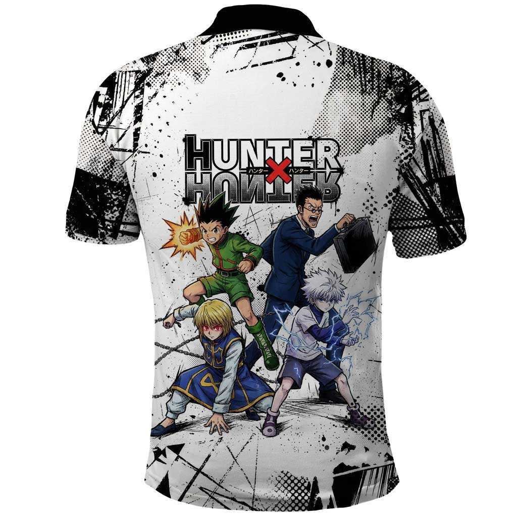 Main Characters Monochrome Graffiti Style Polo Shirt with Gon Killua Kurapika and Leorio Team Design - The Mazicc