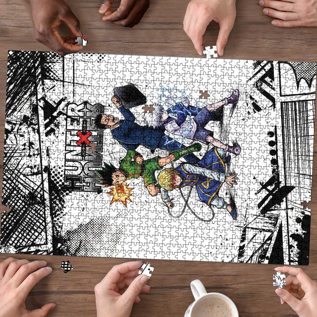 Main Characters Monochrome Graffiti Style Puzzle with Gon Killua Kurapika and Leorio Team Design - The Mazicc