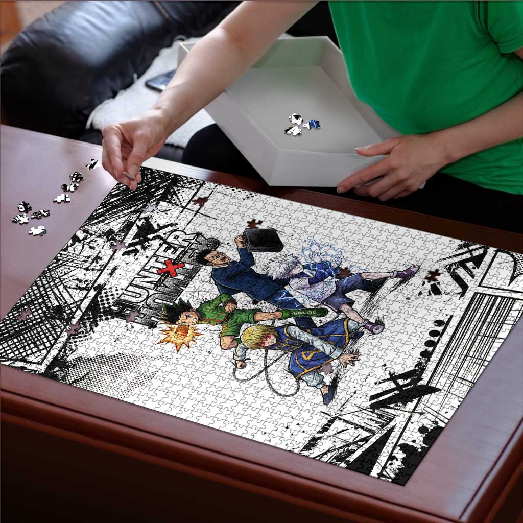 Main Characters Monochrome Graffiti Style Puzzle with Gon Killua Kurapika and Leorio Team Design - The Mazicc