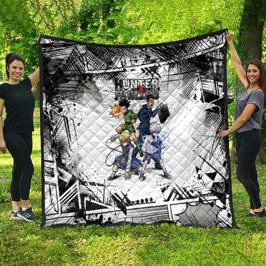 Main Characters Monochrome Graffiti Style Quilt with Gon Killua Kurapika and Leorio Team Design - The Mazicc