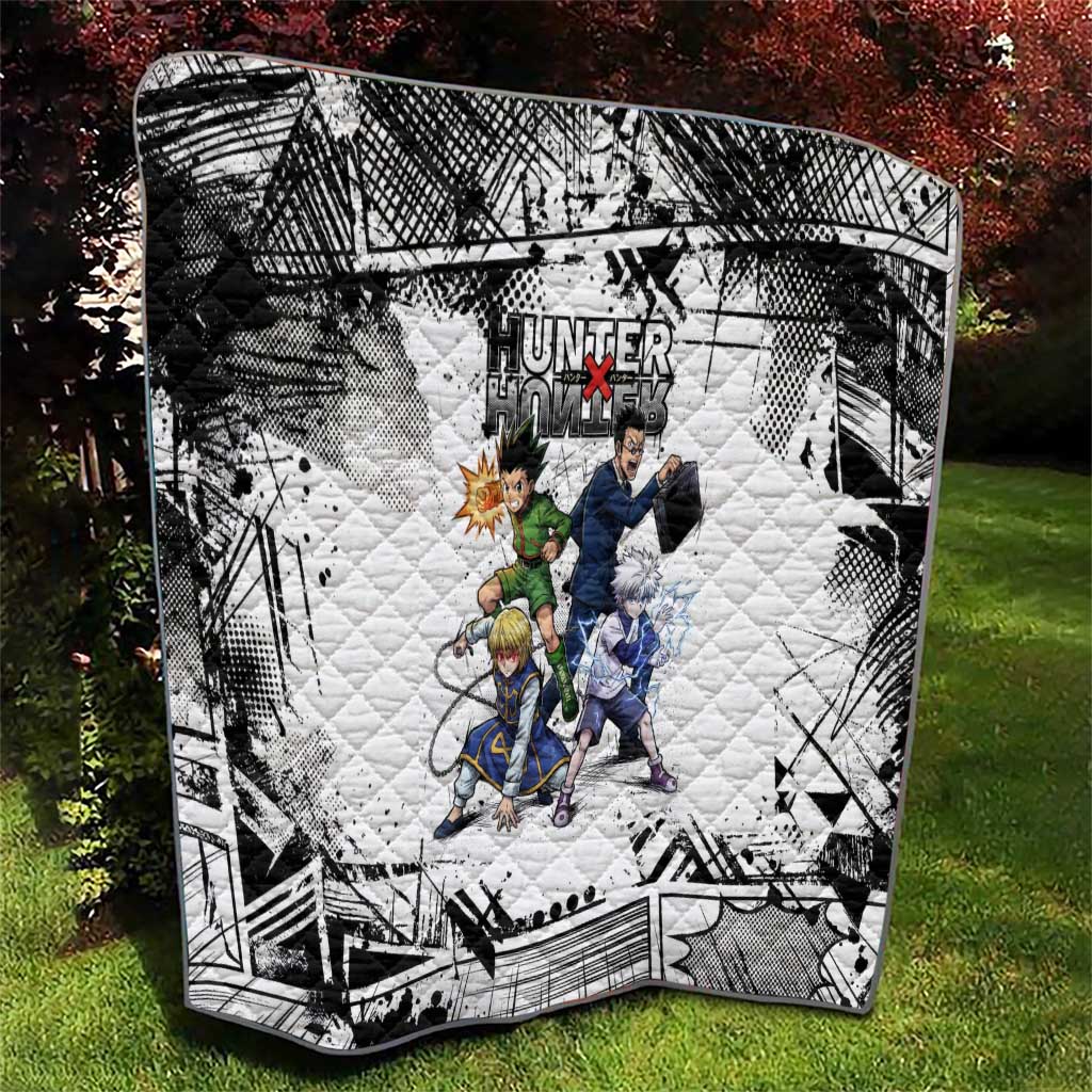 Main Characters Monochrome Graffiti Style Quilt with Gon Killua Kurapika and Leorio Team Design - The Mazicc