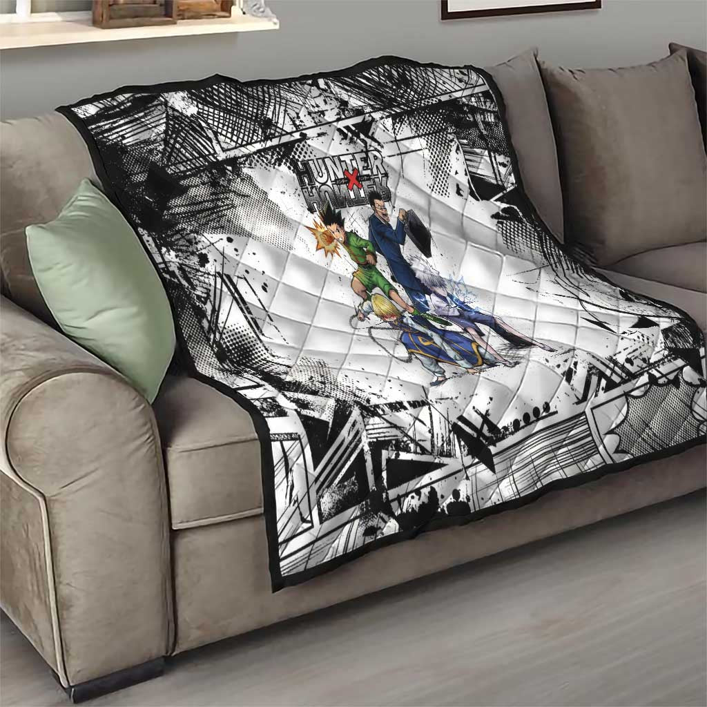 Main Characters Monochrome Graffiti Style Quilt with Gon Killua Kurapika and Leorio Team Design - The Mazicc