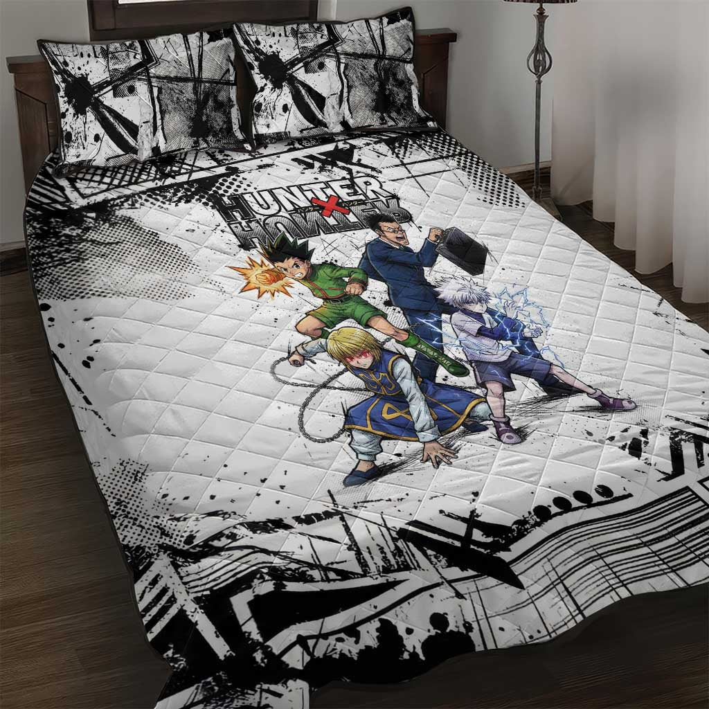 Main Characters Monochrome Graffiti Style Quilt Bed Set with Gon Killua Kurapika and Leorio Team Design - The Mazicc