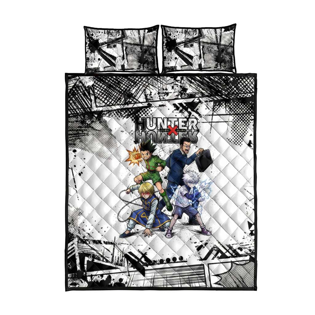 Main Characters Monochrome Graffiti Style Quilt Bed Set with Gon Killua Kurapika and Leorio Team Design - The Mazicc