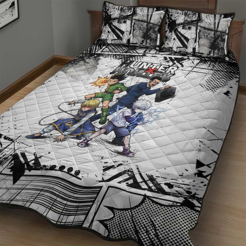 Main Characters Monochrome Graffiti Style Quilt Bed Set with Gon Killua Kurapika and Leorio Team Design - The Mazicc