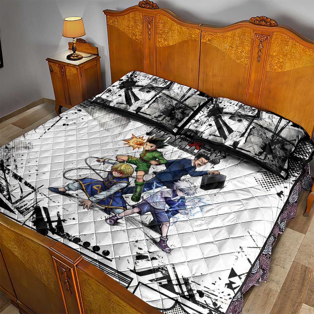 Main Characters Monochrome Graffiti Style Quilt Bed Set with Gon Killua Kurapika and Leorio Team Design - The Mazicc