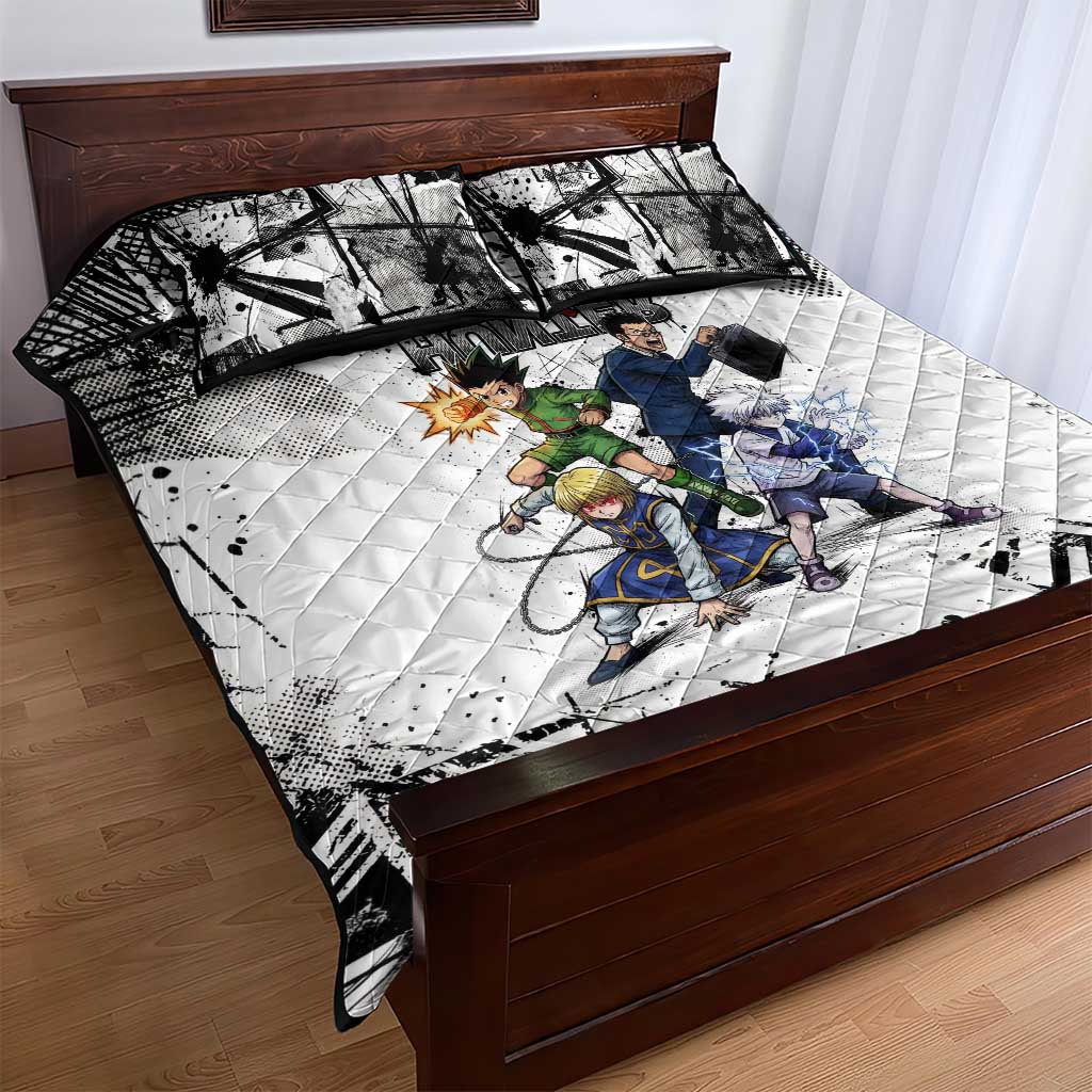Main Characters Monochrome Graffiti Style Quilt Bed Set with Gon Killua Kurapika and Leorio Team Design - The Mazicc