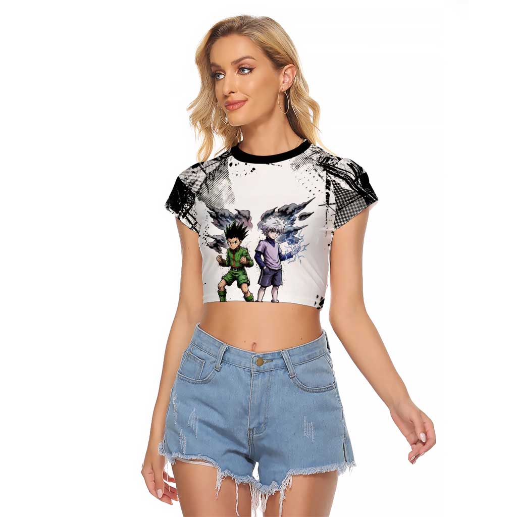 Main Characters Monochrome Graffiti Style Raglan Cropped T Shirt with Gon Killua Kurapika and Leorio Team Design - The Mazicc