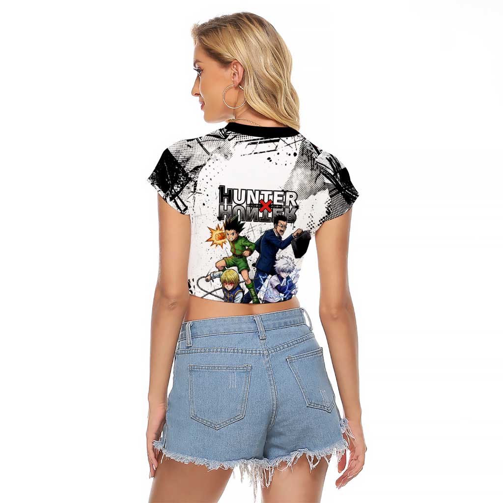 Main Characters Monochrome Graffiti Style Raglan Cropped T Shirt with Gon Killua Kurapika and Leorio Team Design - The Mazicc