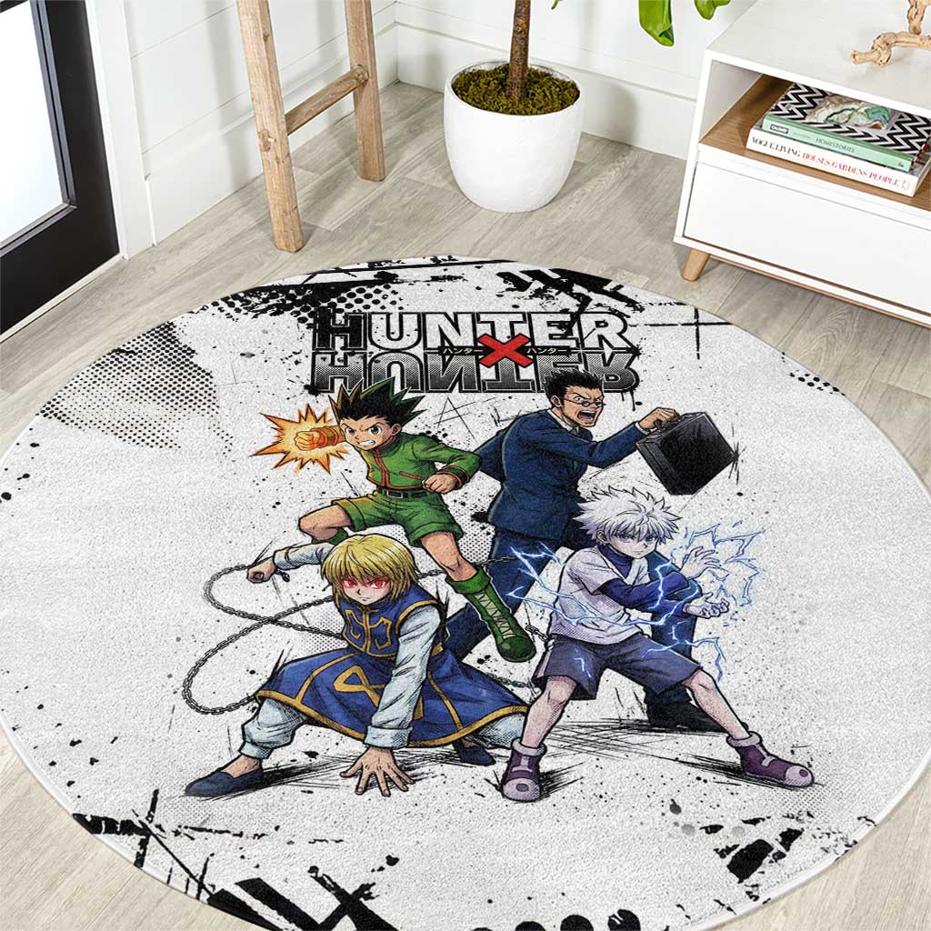 Main Characters Monochrome Graffiti Style Round Carpet with Gon Killua Kurapika and Leorio Team Design - The Mazicc