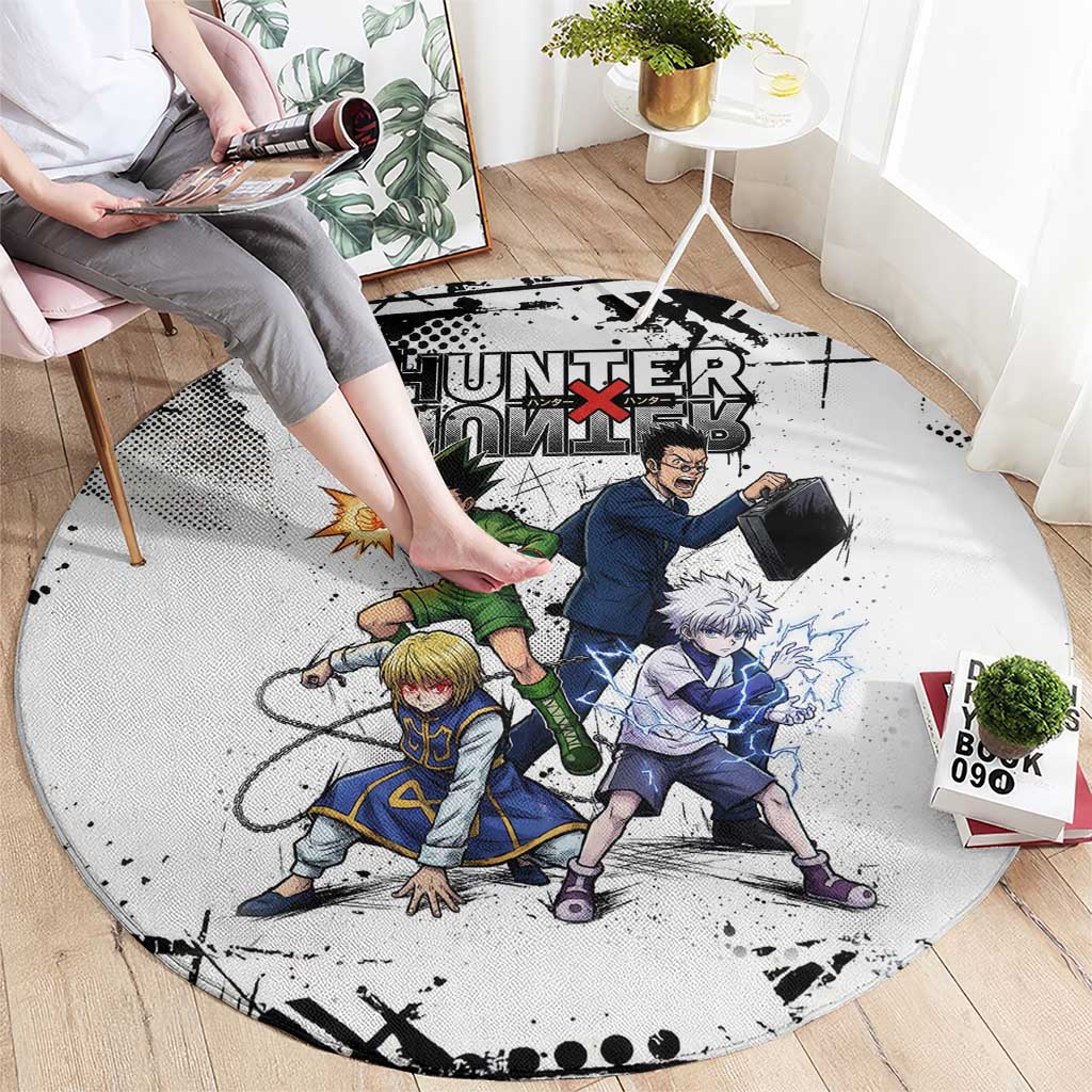 Main Characters Monochrome Graffiti Style Round Carpet with Gon Killua Kurapika and Leorio Team Design - The Mazicc