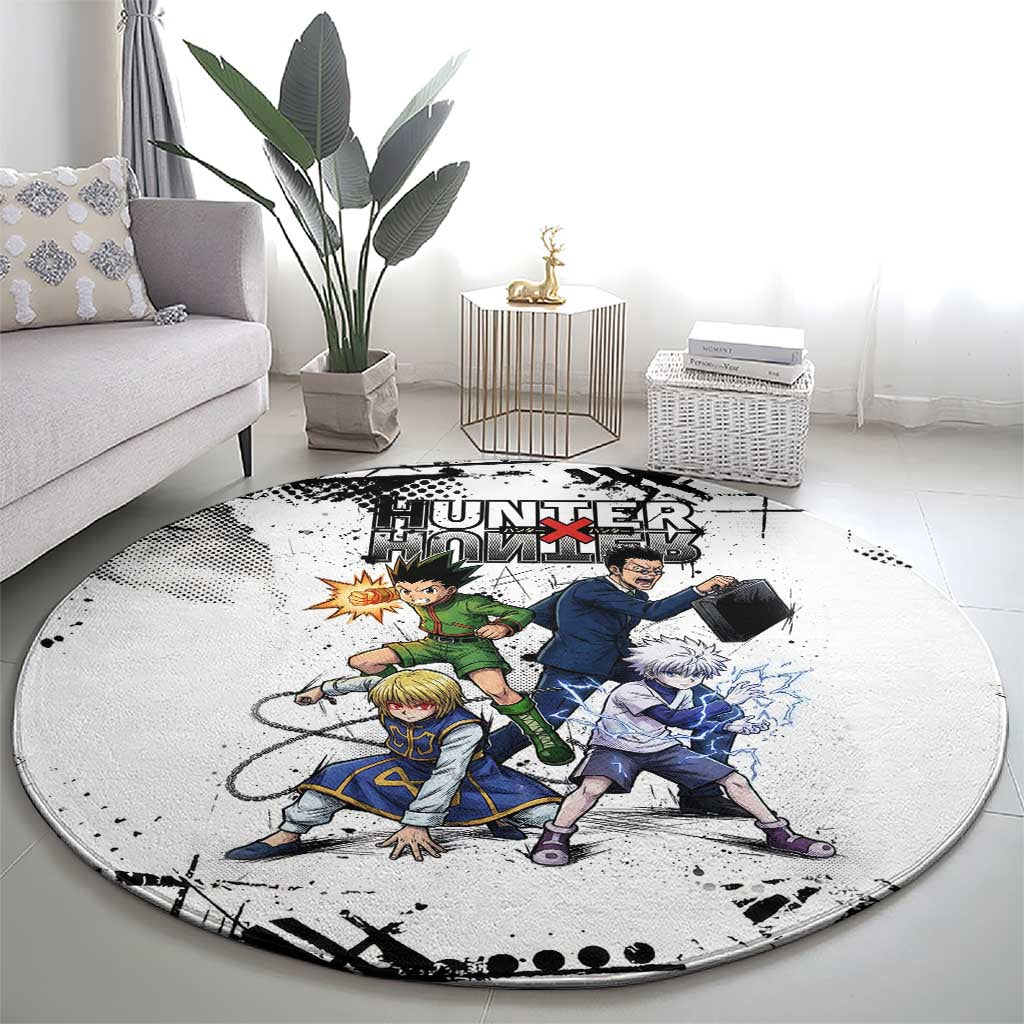 Main Characters Monochrome Graffiti Style Round Carpet with Gon Killua Kurapika and Leorio Team Design - The Mazicc
