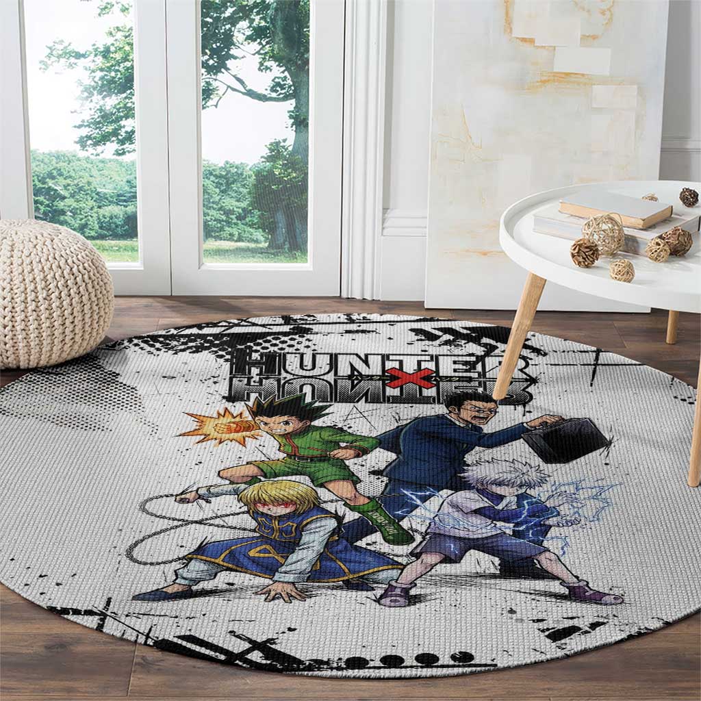 Main Characters Monochrome Graffiti Style Round Carpet with Gon Killua Kurapika and Leorio Team Design - The Mazicc