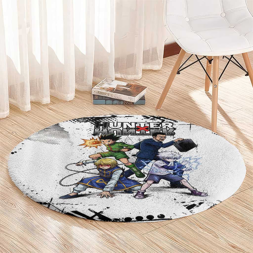 Main Characters Monochrome Graffiti Style Round Carpet with Gon Killua Kurapika and Leorio Team Design - The Mazicc