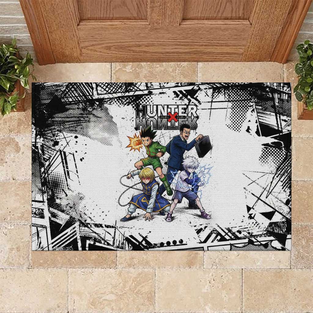 Main Characters Monochrome Graffiti Style Rubber Doormat with Gon Killua Kurapika and Leorio Team Design - The Mazicc