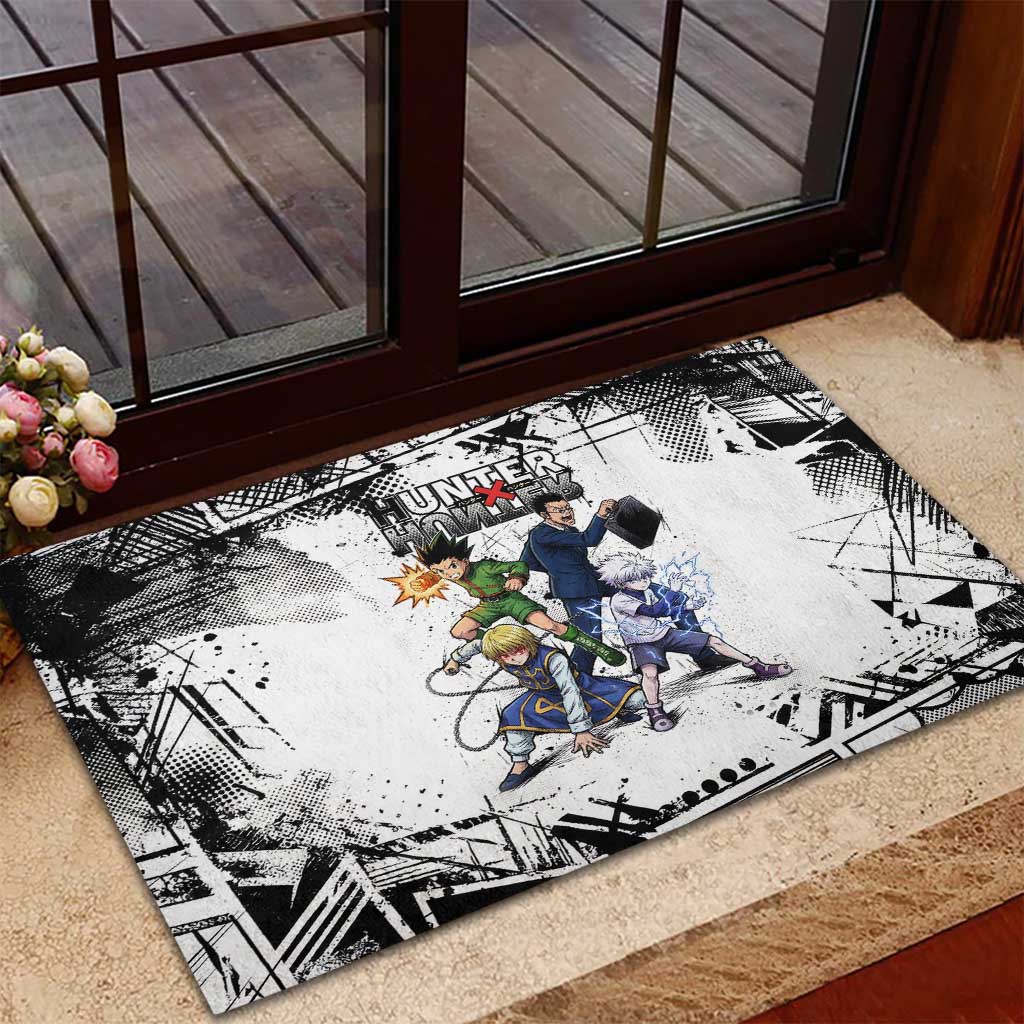 Main Characters Monochrome Graffiti Style Rubber Doormat with Gon Killua Kurapika and Leorio Team Design - The Mazicc