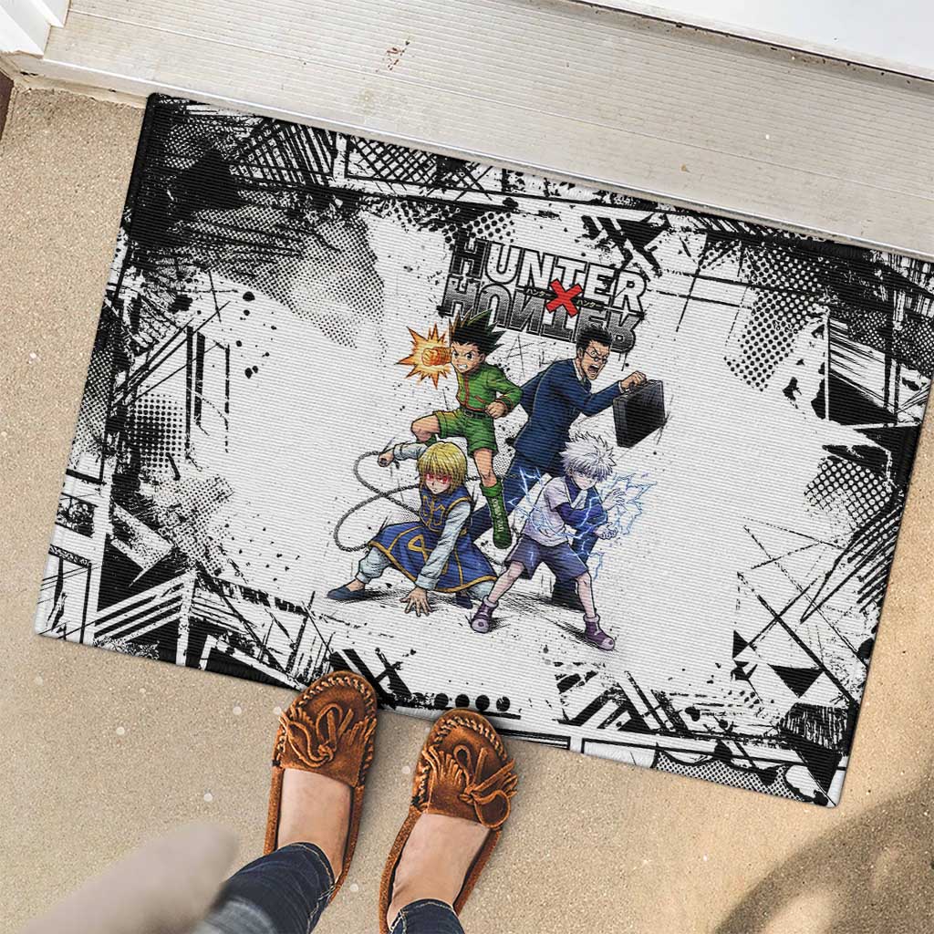 Main Characters Monochrome Graffiti Style Rubber Doormat with Gon Killua Kurapika and Leorio Team Design - The Mazicc