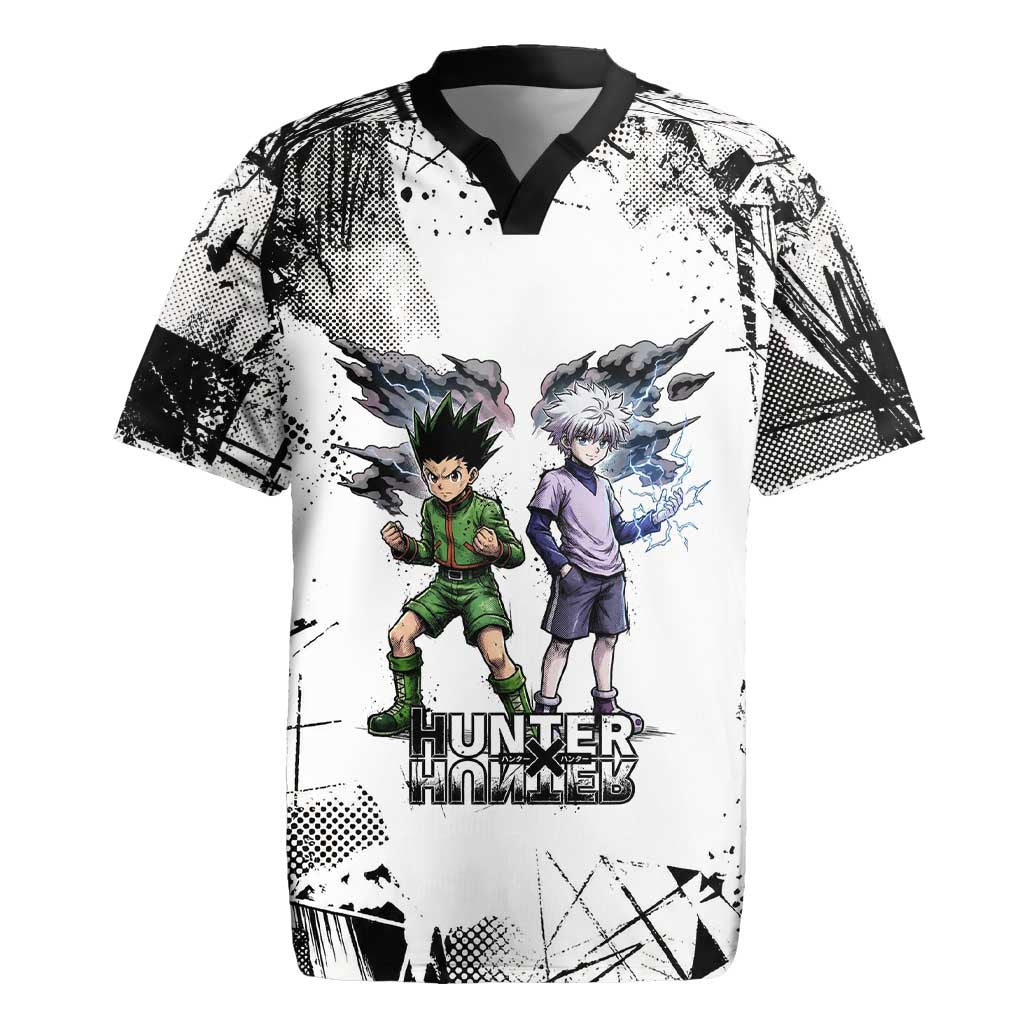 Main Characters Monochrome Graffiti Style Rugby Jersey with Gon Killua Kurapika and Leorio Team Design - The Mazicc