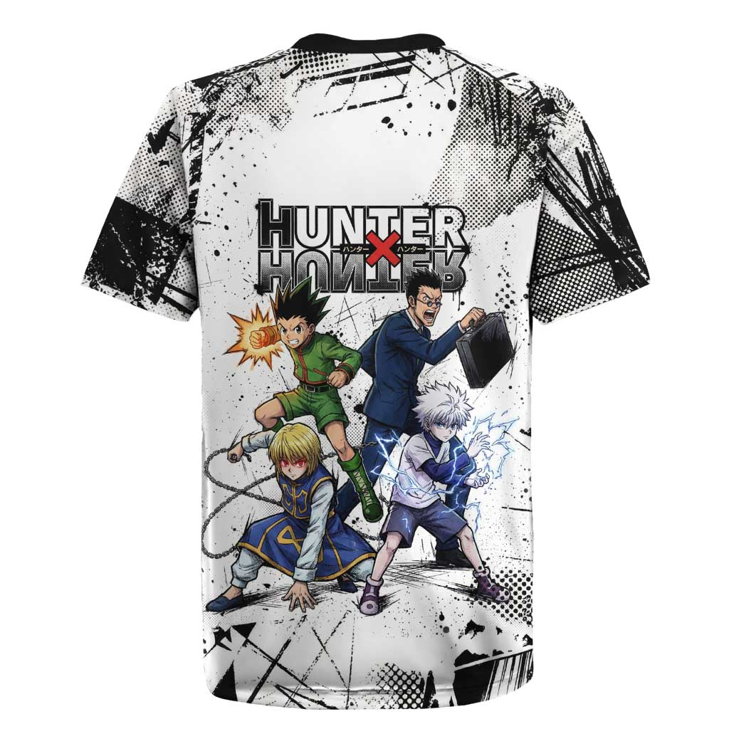 Main Characters Monochrome Graffiti Style Rugby Jersey with Gon Killua Kurapika and Leorio Team Design - The Mazicc