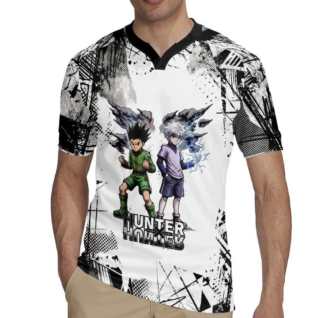 Main Characters Monochrome Graffiti Style Rugby Jersey with Gon Killua Kurapika and Leorio Team Design - The Mazicc