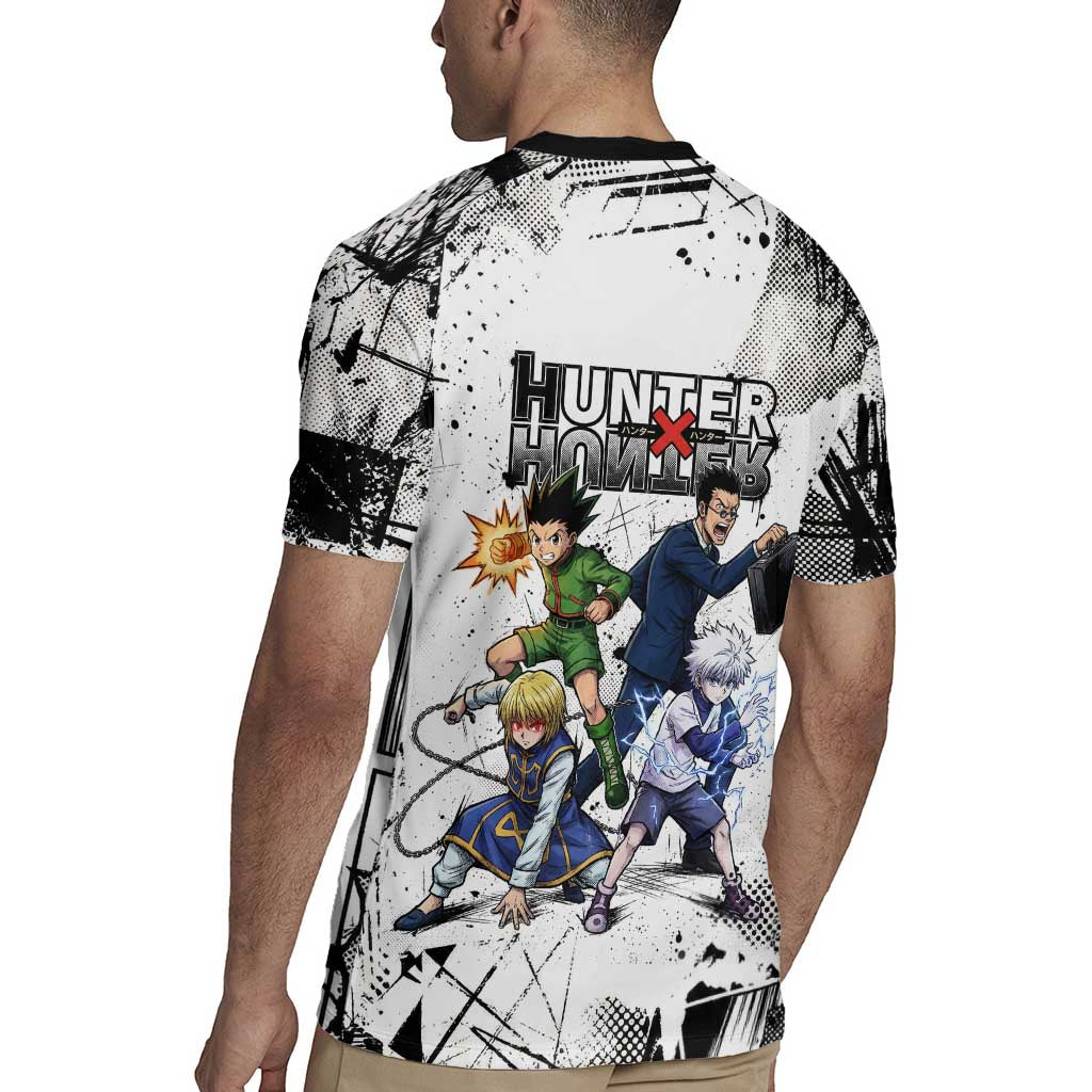 Main Characters Monochrome Graffiti Style Rugby Jersey with Gon Killua Kurapika and Leorio Team Design - The Mazicc