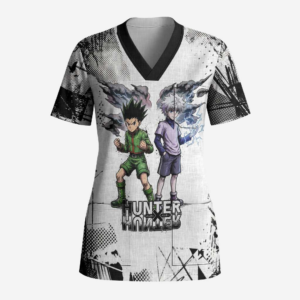 Main Characters Monochrome Graffiti Style Scrub Top with Gon Killua Kurapika and Leorio Team Design - The Mazicc