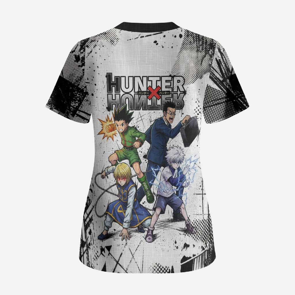 Main Characters Monochrome Graffiti Style Scrub Top with Gon Killua Kurapika and Leorio Team Design - The Mazicc