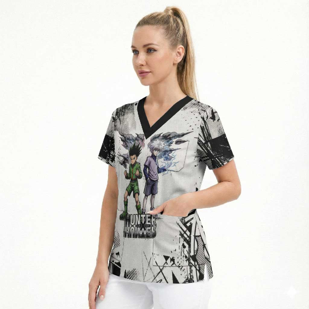 Main Characters Monochrome Graffiti Style Scrub Top with Gon Killua Kurapika and Leorio Team Design - The Mazicc
